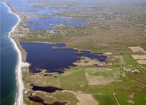 Aerial view of an undeveloped coastal freshwater pond.