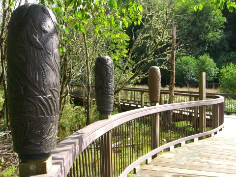 Carved posts along a boardwalk at Willapa National Wildlife Refuge show stages in the life cycle of a salmon.