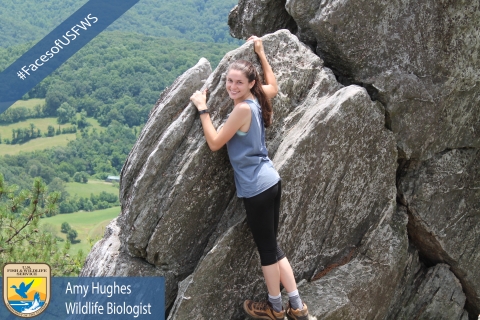 A woman climbing on large grey rocks. A banner reads "#FacesofUSFWS" and another banner reads "Amy Hughes, Wildlife Biologist