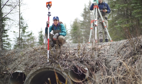 woman with survey gear squatting above a perched culvert