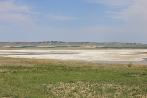 Lake with alkaline crust and bare hills in the distance