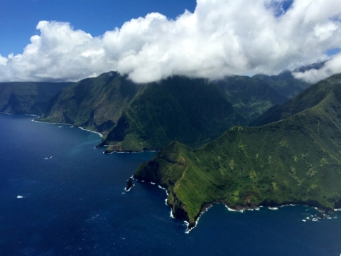 An aerial view of the north shore of the island of Moloka'i in the state of Hawai'i.