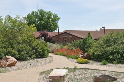 Two paths converge and lead past red and yellow flowers toward a red brick building.