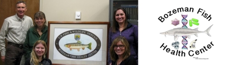 Bozeman Fish Health Center staff photo and logo including drawings of microscope, DNA, Pallid Sturgeon