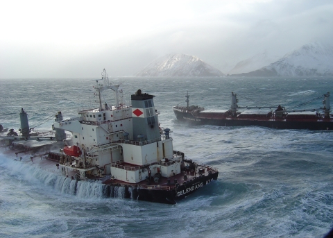 Ship broken in half in heavy seas.