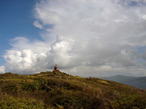 A lighthouse at the top of a hill overlooking a body of water