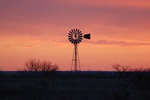 A windmill on the prairie at sunset