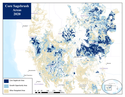 sagebrush habitat in the western US, identified as "core sagebrush areas," "growth opportunity areas," and "other rangeland areas"