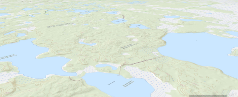 Off nadir view facing north east of a digital USGS topographic map displaying Swan Lake Alaska and surrounding water bodies with canoe trails marked on the map. 