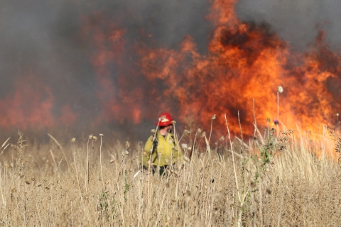 person in red hat and yellow suit in a grassy field with a smoking fire in the background