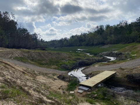 A wooden bridge across a meandering stream.