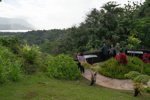 Five People stand on a circular viewpoint lush with greenery. The viewpoint overlooks a bay and mountainous coastline. One woman is taking a photo with her phone. 