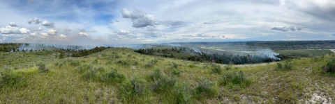 A landscape view of green rolling hills and a small forested section with smoke from a prescribed fire on the landscape. The sky is blue with scattered clouds.