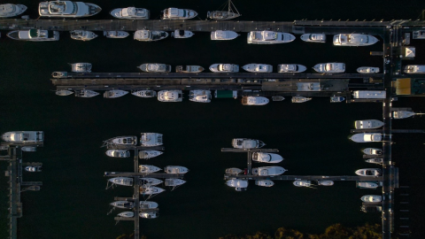 Aerial view of Safe Harbor Charleston City Marina MEGADOCK and the vessels using the dock.