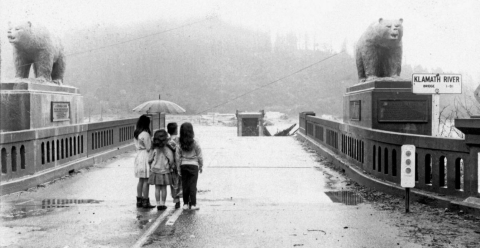 children standing on a bridge