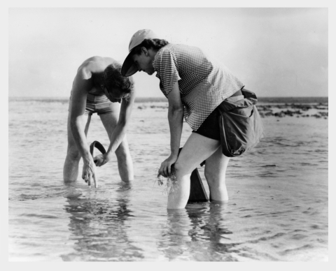 black and white photo of 2 people in shallow water looking down