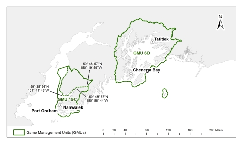 Map of Gulf of Alaska with game units outlined in green