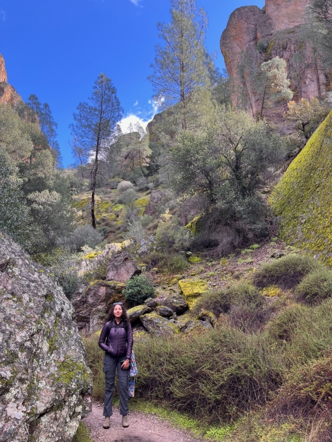 A woman hiking along a trail surrounded by rocks and trees