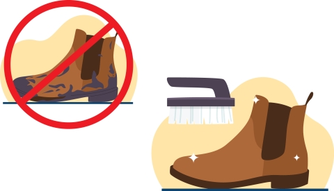 An illustration shows a muddy dirty boot crossed out by a red circle, next to a larger illustration showing a brush cleaning a sparkly boot.