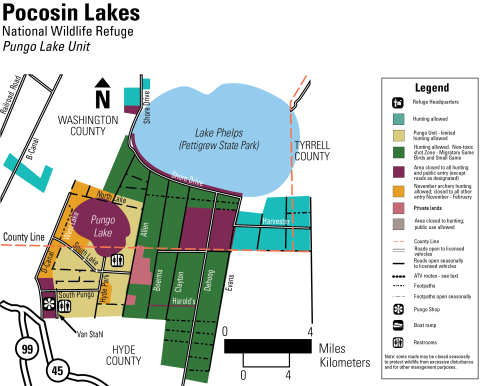 A complex map showing roads on the Pungo Unit of Pocosin Lakes National Wildlife Refuge, open and closed areas, and hunting access. For accessibility, please call 252-796-3004.