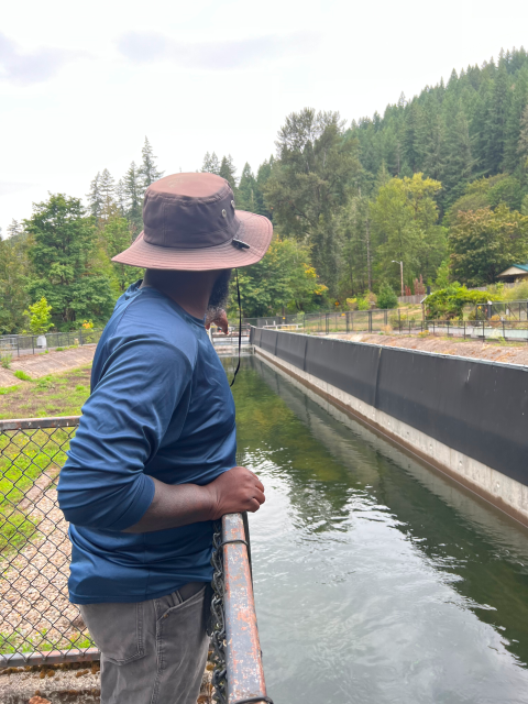 A man wearing a brown hat and blue shirt points while looking down a hatchery raceway 