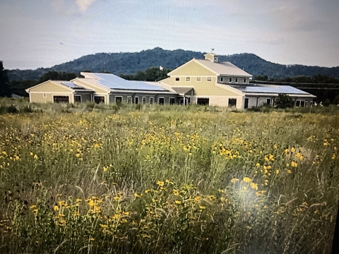 The La Crosse District Visitor Center features a green building surrounded by yellow wildflowers