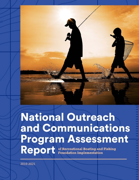Front page of report showing two people walking on the beach fishing. Text shows National Outreach and Communications Program Assessment Report