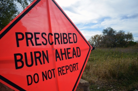 An orange diamond sign that reads Prescribed Burn Ahead Do Not Report