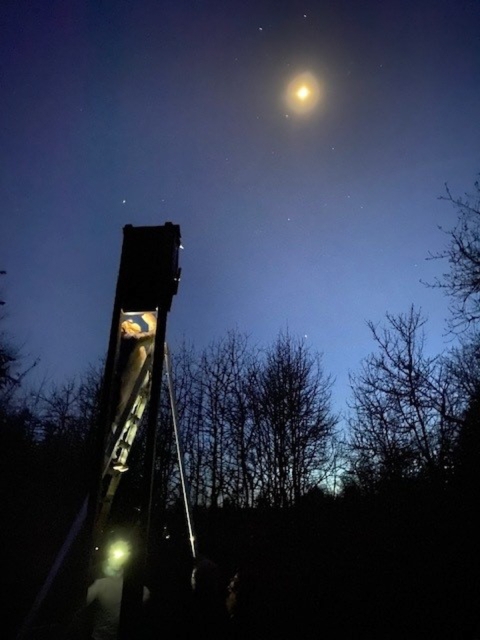 A biologist stands on a ladder and sprays probiotic dust into a bat box in the middle of the night, as the moon shines overhead.
