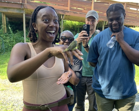 Women holds a banded bird as 3 others look on