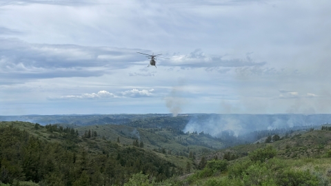 A helicopter flies over a forested and grassy/hilly landscape while a prescribed fire burns on the landscape.