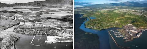 Diptych of a black and white photo of a river valley exiting into a near empty harbor and a color photo of the same landscape much more developed with a busy harbor.