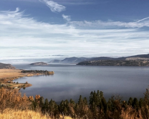 A lake with mountains in the distance. 