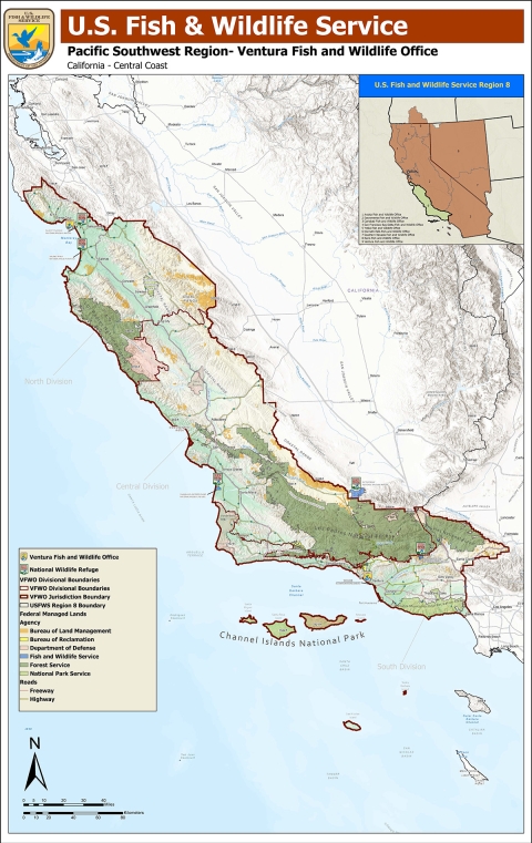 A map of California that depicts the jurisdiction of the Ventura Fish and Wildlife Offic
