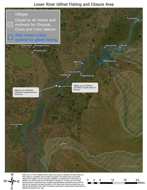 A map of the Kuskokwim River from about 18 miles south of Eek to Tuluksak. A blue line outlines areas on both sides of the river the entire length shown. The line indicates that fishing is closed unless opened for gillnet fishing. Areas stretching from the river's south east edge up to Eek and further East., and north at Kwethluk and south east and north east are closed to all means and methods for Chinook, Chum and Coho salmon. A blue line boundary south west of Napakiak stretches across the river. (Cont.)