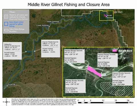 A map of the middle Kuskokwim River from about 3 miles downriver of Tuluksak up to Aniak and down river east past Aniak. A blue line outlines areas on both sides of the river the entire length shown and says that fishing is closed unless opened for gillnet fishing from Tuluksak to Aniak. A blue line boundary downriver from Lower Kalskag and about 20 miles north of Tuluksak with arrows pointing to both sides of the shore. The left arrow leads to text: Kalskag line. Degree Minutes Seconds. (Cont.)