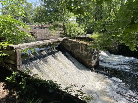 white water flows down the face of a wooden dam, with green trees surrounding it