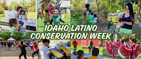 A collage of photos of people enjoying the outdoors in various ways such as cooking, hiking, traditional dancing, zumba, beekeeping. Text reads: Idaho Latino Conservation Week