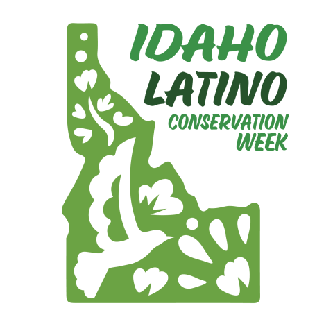 Logo with the state of Idaho with a bird and flower designs. Text reads: "Idaho Latino Conservation Week."