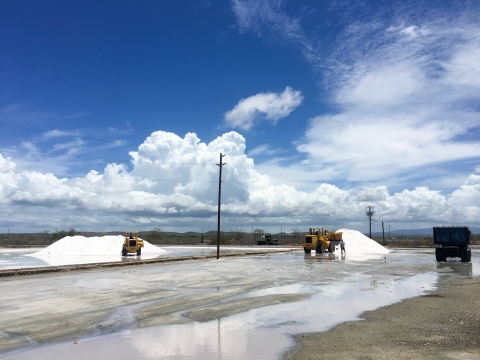 Workers extracting salt from hypersaline lagoons and accumulating it into mountains at the Cabo Rojo Salt Flats.