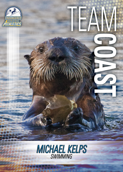 a baseball-inspired trading card featuring the photo of a sea otter with the name "Michael Kelps" and "Team Coast". The Endangered Species Athletics logo is in the corner.