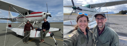 four people with airplanes in the background