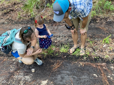 Photo shows participants in the Tots on Trails program stopping to examine what they found. The trail is two rut path through a forested area.