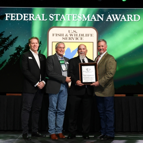 Four people stand onstage and in front of a screen that has the USFWS logo with "Federal Statesman Award." Three men hold an award plaque.