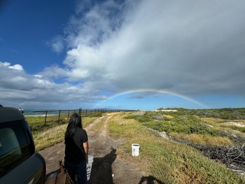 Woman looking at a rainbow in the sky