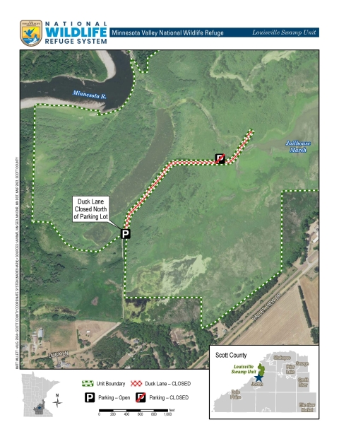 Map of Duck Lane in which the road is highlighted red from where it is closed. Text at the closure point reads "Duck Lane Closed North of Parking Lot