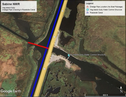 A map that indicates the Hog Island gully closure. The map is from Google Earth. It reads "Sabine NWR, Hog Island Gully. Dredge Pipe Crossing in Roadside Canal." The Legend dictates a red line that is the dredge pipe location (no boat passage) perpendicular to a blue line that indicates the roadside canal.