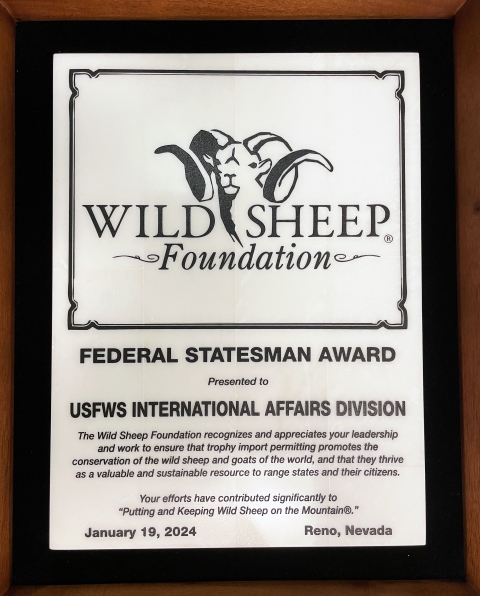 An award plaque from the Wild Sheep Foundation.