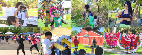 A collage of photos of people enjoying the outdoors in various ways such as cooking, hiking, traditional dancing, zumba, beekeeping.