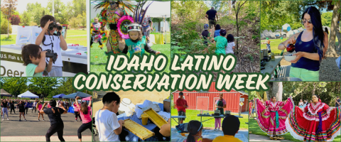 A collage of photos of people enjoying the outdoors in various ways such as cooking, hiking, traditional dancing, zumba, beekeeping. Text reads: Idaho Latino Conservation Week